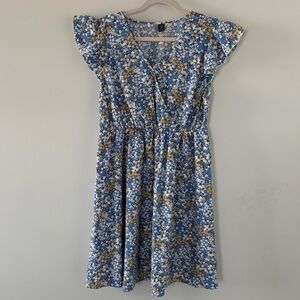 SHEIN Blue and White Floral Midi Dress with Yellow Accents